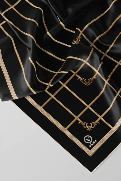 Twill Gold Detaylı Kareli Desenli Siyah Renkli 90x90 Eşarp (İpek İçermez) Kenar Dikiş Şekli El Dikişli - Resim 2