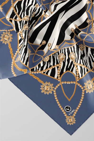 Twill Gold Detaylı Zebra Desenli İndigo Renkli 90x90 Eşarp (İpek İçermez) Kenar Dikiş Şekli El Dikişli - Resim 2
