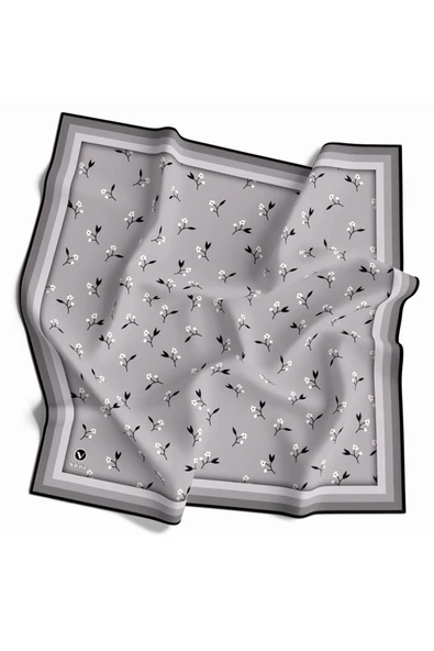 Rayon Çıtır Çiçek Desenli Gri Renkli 90x90 Eşarp (İpek İçermez) Kenar Dikiş Şekli El Dikişli ürün görseli