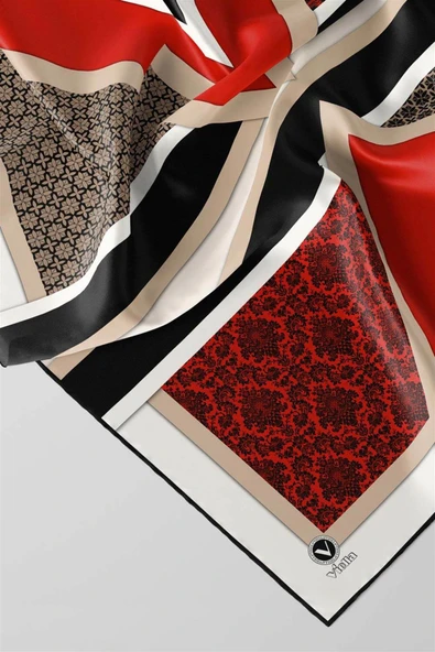 Twill Geometrik Barok Desenli Kırmızı - Siyah Renkli 90x90 Eşarp (İpek İçermez) Kenar Dikiş Şekli El Dikişli - Resim 3