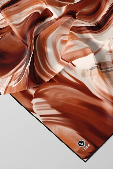 Twill Dalga ve Ekose Desenli Taba Renkli 90x90 Eşarp (İpek İçermez)Kenar Dikiş Şekli El Dikişli - Resim 2