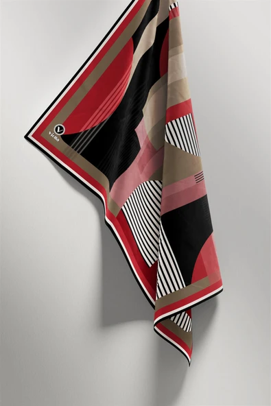 Twill Çizgili Ve Geometrik Desenli Bordo Renkli 90x90 Eşarp (İpek İçermez) Kenar Dikiş Şekli El Dikişli - Resim 4