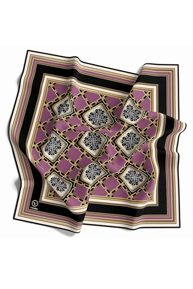 Twill Geometrik Ve Zincirli Desenli Pembe Renkli 90x90 Eşarp (İpek İçermez) Dikim Şekli : El Dikişi ürün görseli