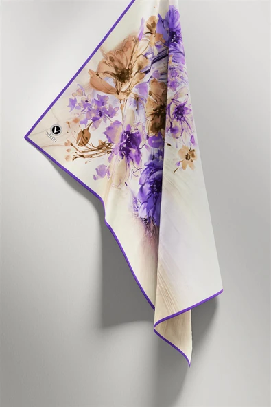 Twill Çiçek Desenli Mor Renkli 90x90 Eşarp (İpek İçermez) Kenar Dikiş Şekli El Dikişli - Resim 4