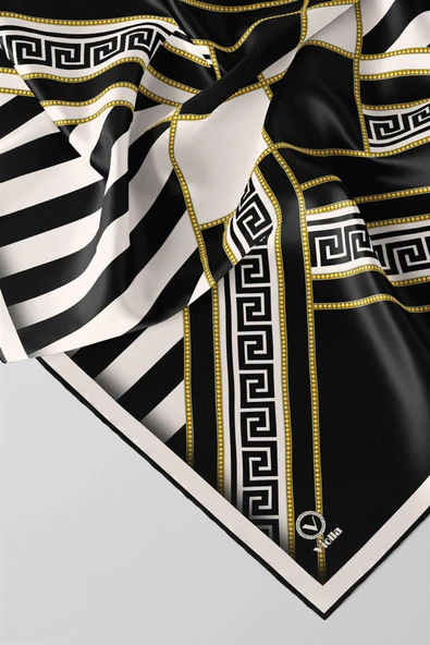 Twill Çizgili Geometrik Desenli Siyah Renkli 90x90 Eşarp (İpek İçermez) Kenar Dikiş Şekli El Dikişli - Resim 2