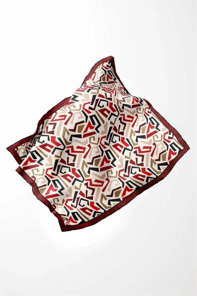 Twill Geometrik Desenli Bordo Renkli 90x90 Eşarp (İpek İçermez) Kenar Dikiş Şekli El Dikişli - Resim 3