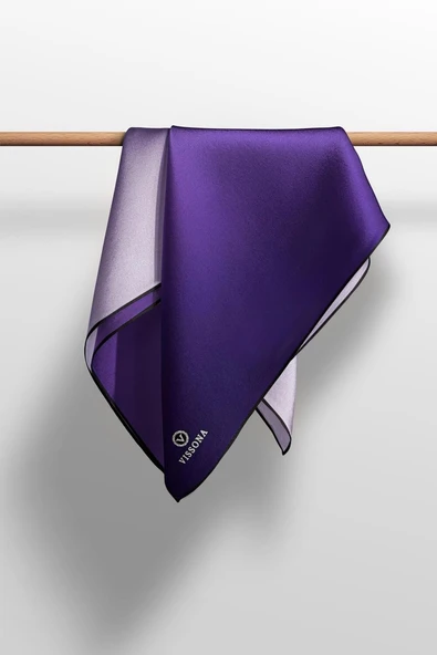 %100 Twill İpek Degrade Desenli Mor Renkli 90x90 Eşarp Dikim Şekli : El Dikişi - Resim 5