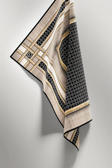 Twill Gold Bordürlü Geometrik Desenli Bej Renkli 90x90 Eşarp (İpek İçermez) Kenar Dikiş Şekli El Dikişli - Resim 5