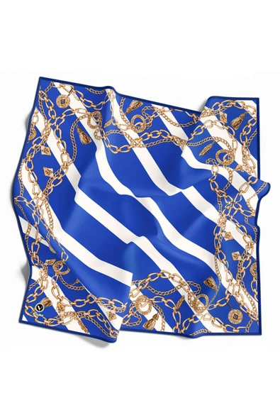 Twill Çizgili Zincir Desenli Saks Renkli 90x90 Eşarp (İpek İçermez) Kenar Dikiş Şekli El Dikişli - Resim 3