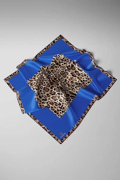 %100 Twill İpek Leopar Desenli Saks Renkli 90x90 Eşarp Dikim Şekli : El Dikişi - Resim 6