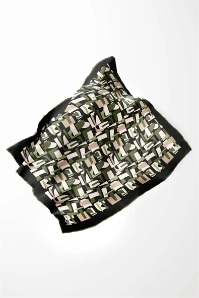 Twill Geometrik Desenli Haki Yeşili - Bej Renkli 90x90 Eşarp (İpek İçermez) Dikim Şekli : El Dikişi - Resim 3