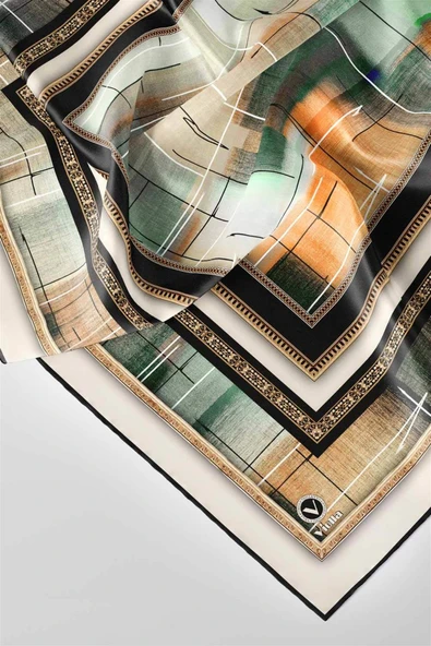 Twill Gold Çerçeveli ve Fırça Desenli Petrol Yeşili Renkli 90x90 Eşarp (İpek İçermez) Dikim Şekli : El Dikişi - Resim 3