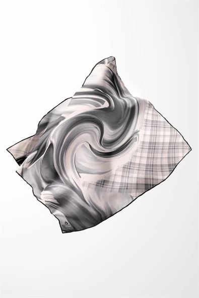 Twill Dalga ve Ekose Desenli Gri Renkli 90x90 Eşarp (İpek İçermez)Kenar Dikiş Şekli El Dikişli - Resim 3