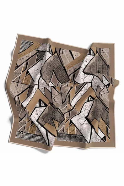 Kristal Geometrik Desenli Gri - Bej Renkli 90x90 Eşarp (İpek İçermez) Kenar Dikiş Şekli El Dikişli ürün görseli