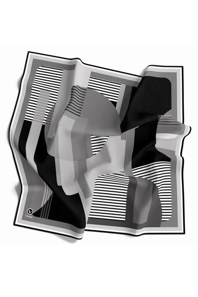 Twill Çizgili Ve Geometrik Desenli Gri Renkli 90x90 Eşarp (İpek İçermez) Kenar Dikiş Şekli El Dikişli ürün görseli