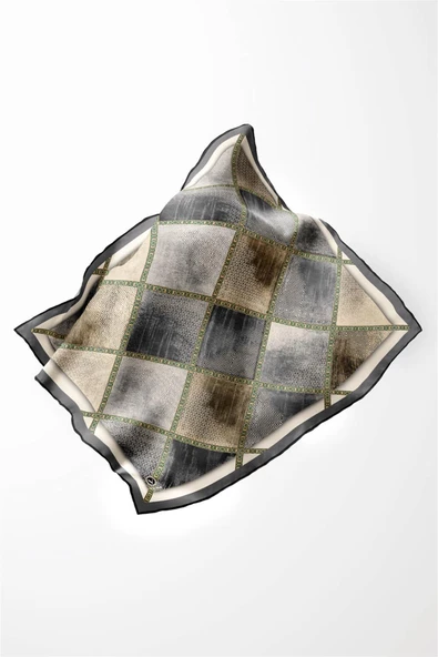 Twill Geometrik Desenli Gri Renkli 90x90 Eşarp (İpek İçermez) Kenar Dikiş Şekli El Dikişli - Resim 3
