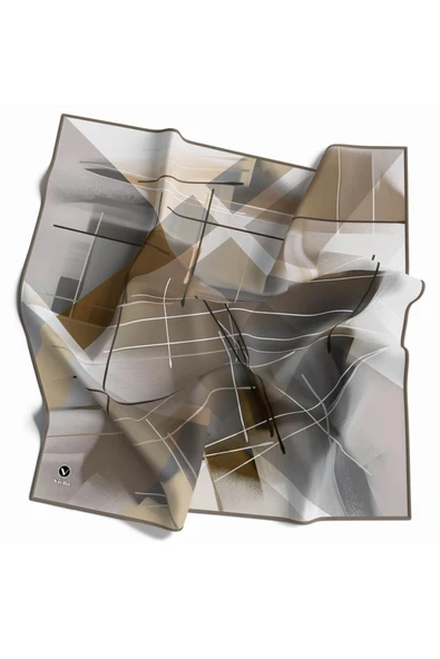 Kristal Geometrik Desenli Gri - Bej Renkli 90x90 Eşarp (İpek İçermez) Kenar Dikiş Şekli El Dikişli ürün görseli