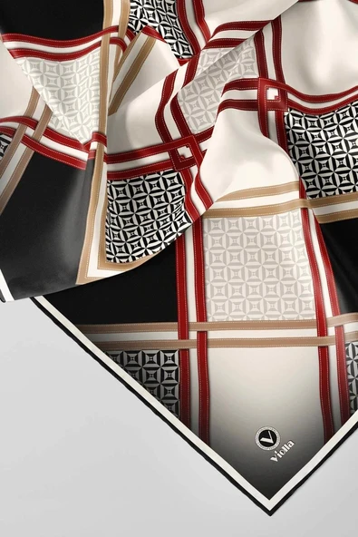 Twill Geometrik Desenli Siyah - Bordo Renkli 90x90 Eşarp (İpek İçermez) Kenar Dikiş Şekli El Dikişli ürün görseli