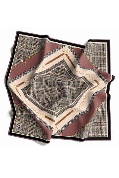 Twill Kemer ve Zincir Detaylı Ekose Desenli Gül Kurusu Renkli 90x90 Eşarp (İpek İçermez) Kenar Dikiş Şekli El Dikişli - Resim 2