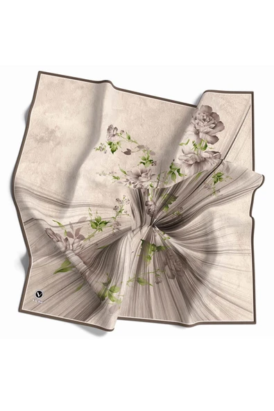 Twill Çiçekli Desenli Taş Renkli 90x90 Eşarp (İpek İçermez) Kenar Dikiş Şekli El Dikişli ürün görseli