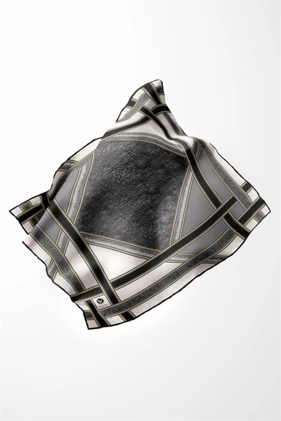 Twill Bordür Taş Desenli Gri Renkli 90x90 Eşarp (İpek İçermez) Kenar Dikiş Şekli El Dikişli - Resim 4