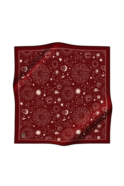 Twill Galaksi Desenli Bordo Renkli 90x90 Eşarp (İpek İçermez) Dikim Şekli : El Dikişi - Resim 2