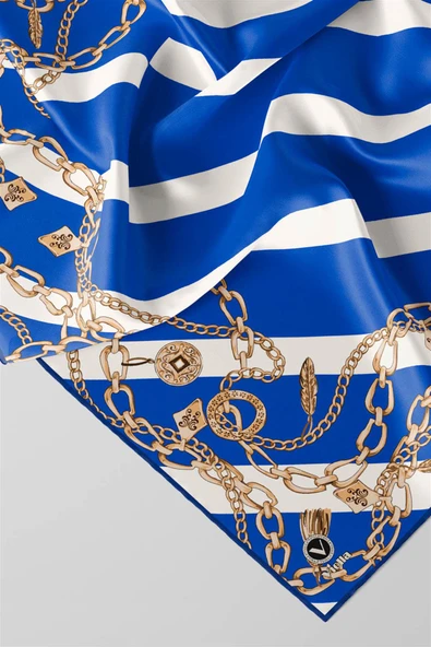 Twill Çizgili Zincir Desenli Saks Renkli 90x90 Eşarp (İpek İçermez) Kenar Dikiş Şekli El Dikişli - Resim 4