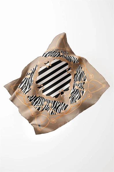 Twill Gold Detaylı Zebra Desenli Bej Renkli 90x90 Eşarp (İpek İçermez) Kenar Dikiş Şekli El Dikişli - Resim 4