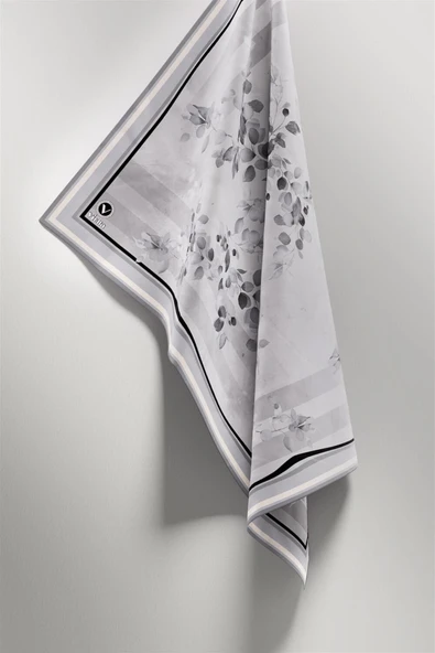Twill Çiçek Desenli Gri Renkli 90x90 Eşarp (İpek İçermez) Kenar Dikiş Şekli El Dikişli - Resim 4