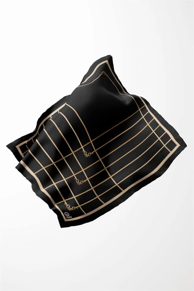 Twill Gold Detaylı Kareli Desenli Siyah Renkli 90x90 Eşarp (İpek İçermez) Kenar Dikiş Şekli El Dikişli - Resim 3