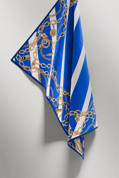 Twill Çizgili Zincir Desenli Saks Renkli 90x90 Eşarp (İpek İçermez) Kenar Dikiş Şekli El Dikişli - Resim 6