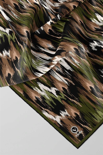 Twill Fırça Desenli Haki Renkli 90x90 Eşarp (İpek İçermez) Kenar Dikiş Şekli El Dikişli - Resim 2