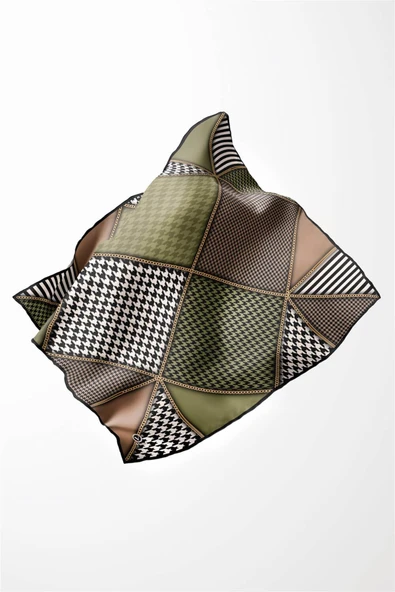 Twil Geometrik Ve Kazayak Desenli Haki Renkli 90x90 Eşarp (İpek İçermez) Dikim Şekli : El Dikişi - Resim 4