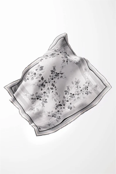 Twill Çiçek Desenli Gri Renkli 90x90 Eşarp (İpek İçermez) Kenar Dikiş Şekli El Dikişli - Resim 3