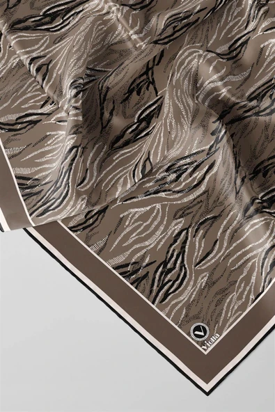 Twill Soyut Çizgi Desenli Vizon Renkli 90x90 Eşarp (İpek İçermez) Kenar Dikiş Şekli El Dikişli - Resim 2