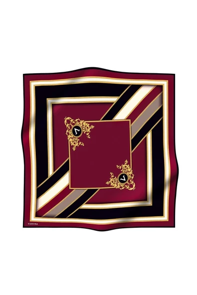 %100 Twill İpek Baroklu Ve Geometrik Desenli Bordo - Siyah Renkli 90x90 Eşarp Dikim Şekli : El Dikişi - Resim 2