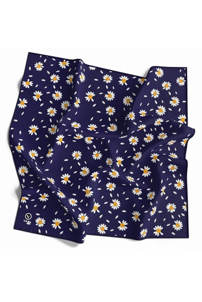 Twill Papatya Desenli Lacivert Renkli 90x90 Eşarp (İpek İçermez) Kenar Dikiş Şekli El Dikişli ürün görseli