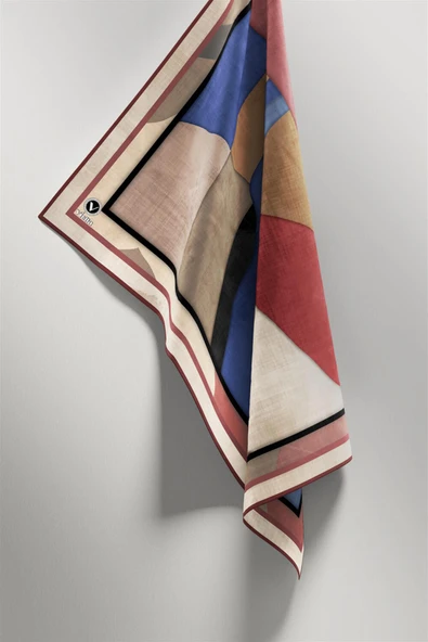 Twill Geometrik Desenli Gül Kurusu Renkli 90x90 Eşarp (İpek İçermez) Kenar Dikiş Şekli El Dikişli - Resim 4