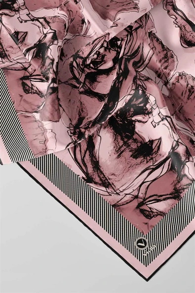 Twill Gül Yaprak Desenli Pudra Renkli 90x90 Eşarp (İpek İçermez) Kenar Dikiş Şekli El Dikişli - Resim 3