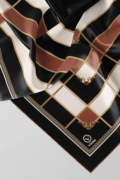 Twill Gold Detaylı Kareli Desenli Bakır Renkli 90x90 Eşarp (İpek İçermez) Kenar Dikiş Şekli El Dikişli - Resim 2