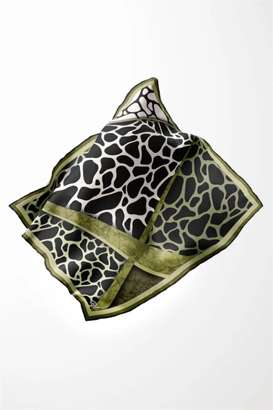 Twill Taş Desenli Haki Yeşili Renkli 90x90 Eşarp (İpek İçermez)Kenar Dikiş Şekli El Dikişli - Resim 4