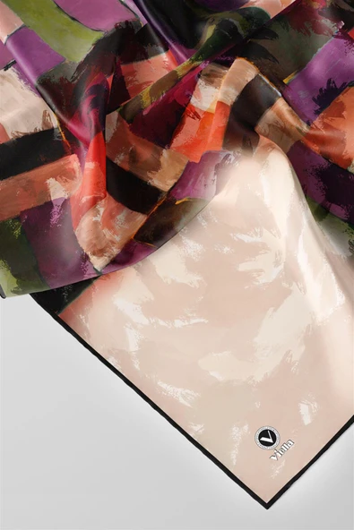 Twill Yağlı Boya Desenli Mor Renkli 90x90 Eşarp (İpek İçermez) Kenar Dikiş Şekli El Dikişli - Resim 3