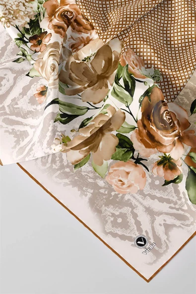 Twill Çiçek Desenli Hardal Renkli 90x90 Eşarp (İpek İçermez) Kenar Dikiş Şekli El Dikişli ürün görseli 1