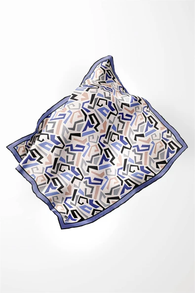 Twill Geometrik Desenli Bebe Mavisi Renkli 90x90 Eşarp (İpek İçermez) Kenar Dikiş Şekli El Dikişli - Resim 3