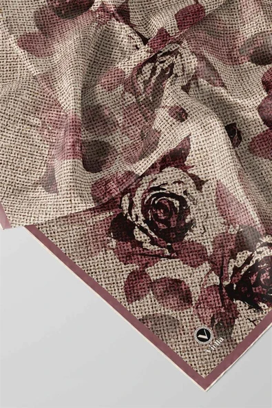 Twill Gül Desenli Pudra Renkli 90x90 Eşarp (İpek İçermez) Kenar Dikiş Şekli El Dikişli - Resim 2