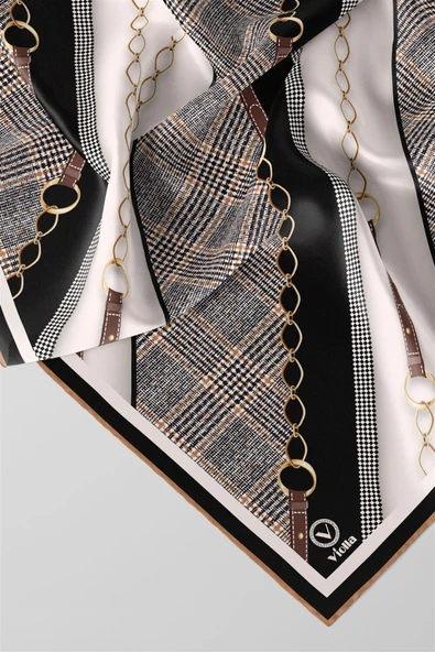 Twill Kemer Desenli Siyah Renkli 90x90 Eşarp (İpek İçermez) Kenar Dikiş Şekli El Dikişli - Resim 3