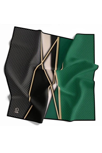 Rayon Gold Detaylı Geometrik Desenli Zümrüt Yeşili Renkli 90x90 Eşarp (İpek İçermez) Kenar Dikiş Şekli El Dikişli - Resim 2