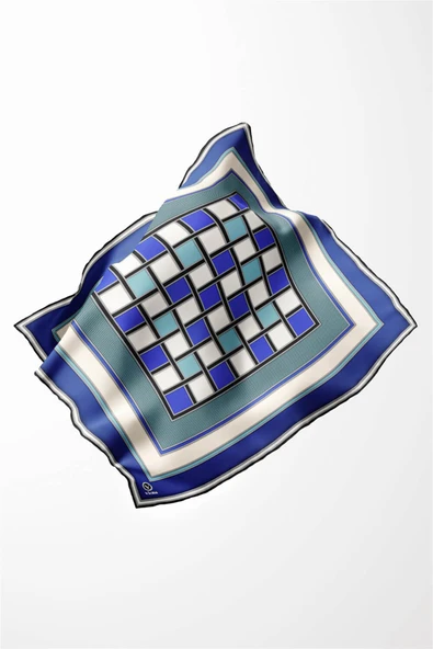 Twill Kare Desenli Saks - Su Yeşili  Renkli 90x90 Dikim Şekli : El Dikişi Eşarp (İpek İçermez) - Resim 2