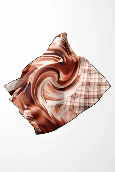 Twill Dalga ve Ekose Desenli Taba Renkli 90x90 Eşarp (İpek İçermez)Kenar Dikiş Şekli El Dikişli - Resim 3