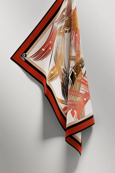 Twill Geometrik Desenli Taba Renkli 90x90 Eşarp (İpek İçermez) Kenar Dikiş Şekli El Dikişli - Resim 4